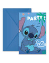 Invitations et enveloppes Stitch pour enfant bleues avec palmier et fleurs