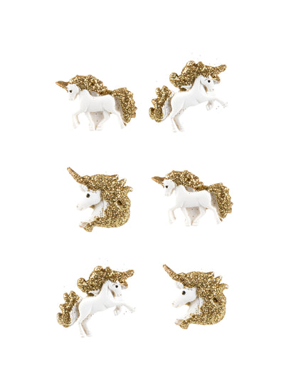6 bílých lepicích pryskyřičných jednorožců a zlaté třpytky 3 cm