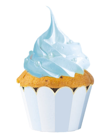 6 modrých a bílých pruhovaných vroubkovaných obalů na formy na košíčky