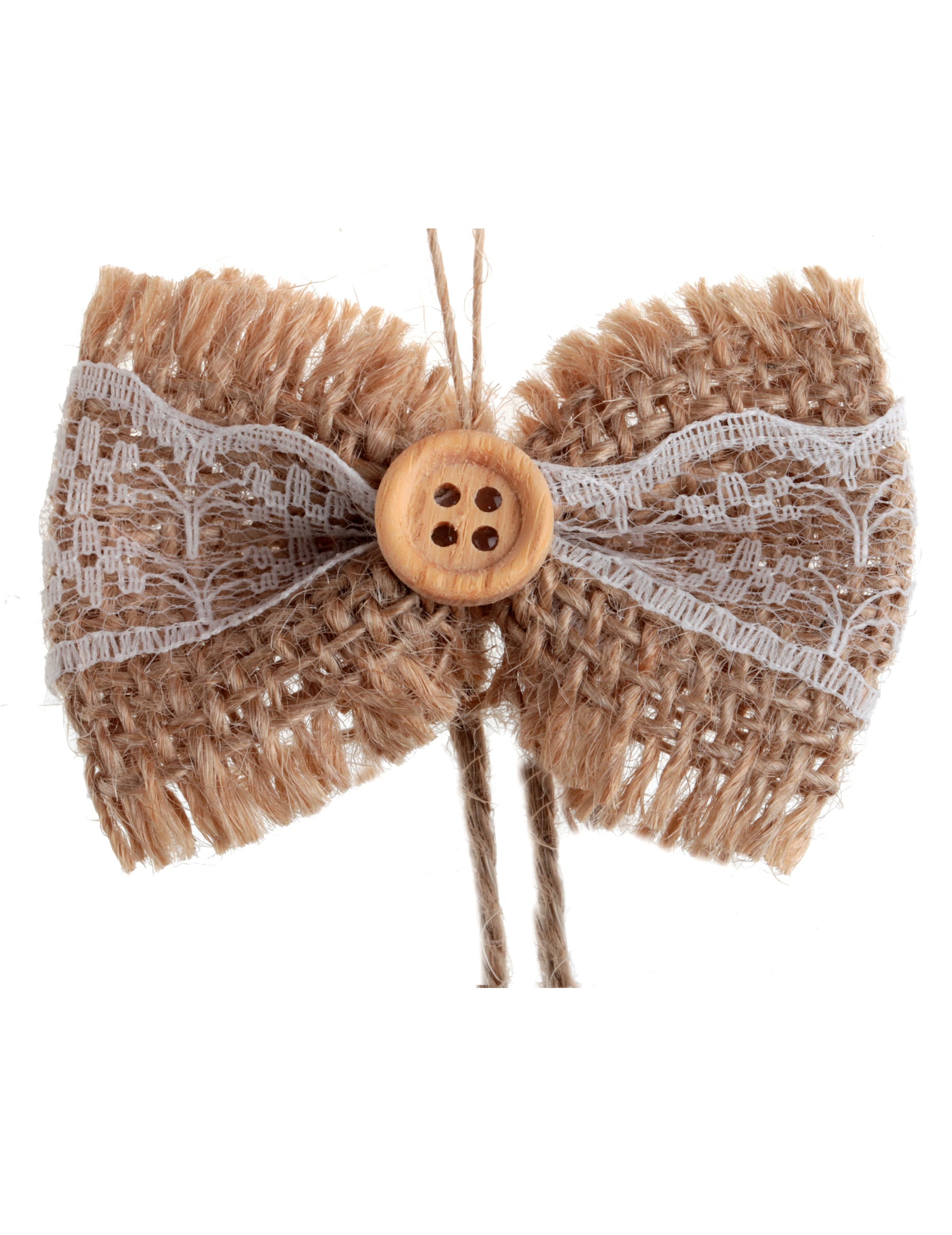 Mise en situation sur flûtes à champagne du mini nœud champêtre pour décoration en jute et dentelle avec bouton en bois