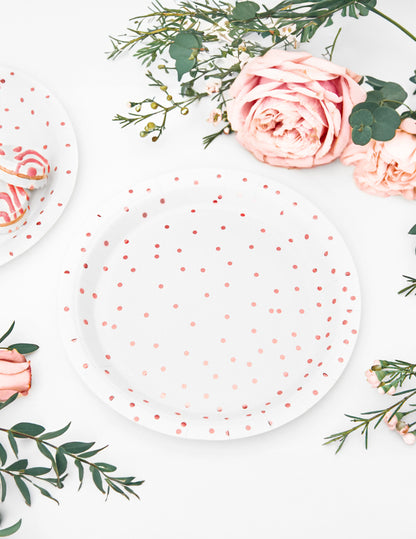 6 malých bílých papírových talířků a růžové zlaté puntíky 18 cm pro stůl
