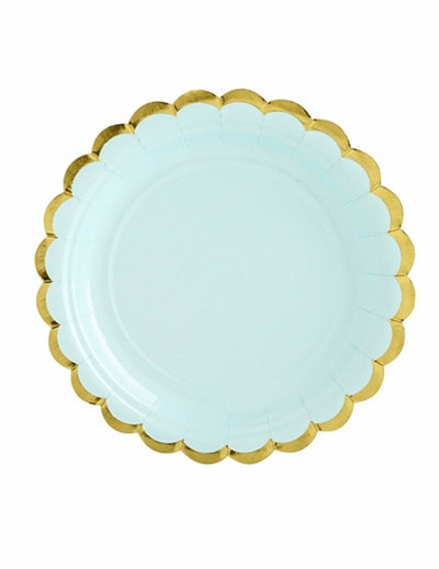 Assiettes en carton festonnées menthe et dorure
