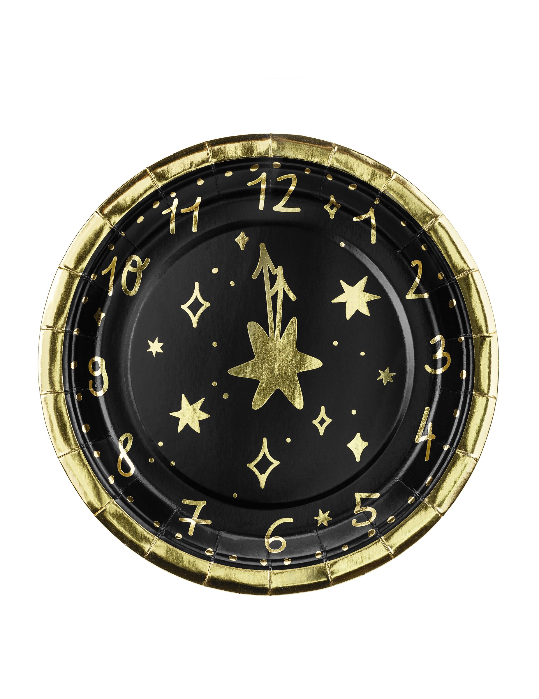 Petites assiettes rondes Nouvel An Horloge pour fête noir et doré