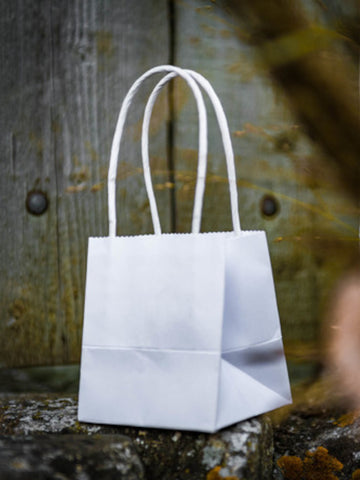 6 malých bílých kartonových sáčků 9 x 10 cm se zkroucenými rukojeťmi