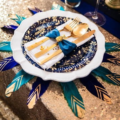 6 etnických pavích modrých a zlatých peří 18-20 cm třpytivé