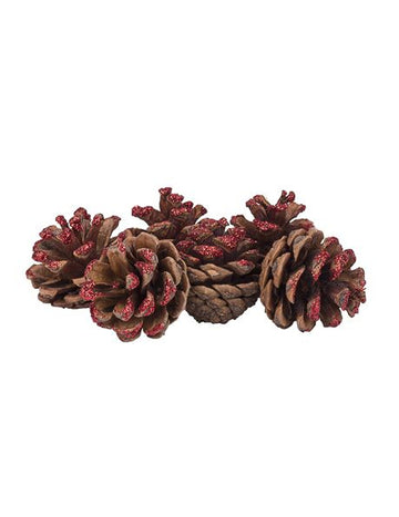 6 červených třpytivých borových šišek 4 cm