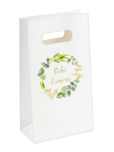 Sachets goodies bébé d'amour eucalyptus pour baby shower blanc avec dorure or