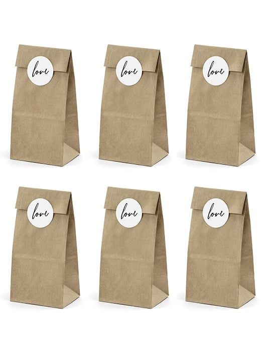 6 kraftových sáčků se samolepkami love 18,5 cm na svatbu 