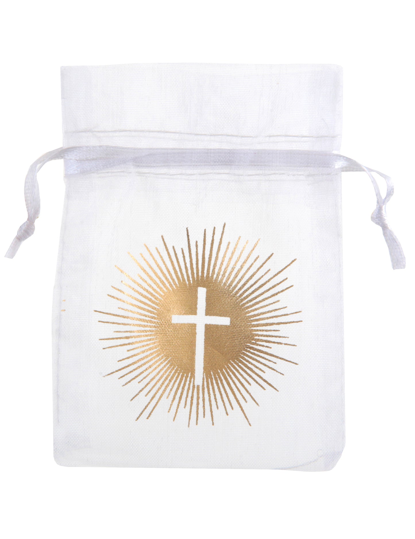 6 zlatých slavnostních bílých organdových sáčků s křížem 7,5 x 10 cm