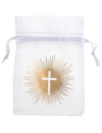 6 zlatých slavnostních bílých organdových sáčků s křížem 7,5 x 10 cm