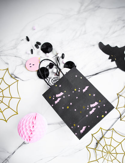 6 růžových a černých netopýřích sáčků na sladkosti 14 x 18 x 8 cm na Halloween