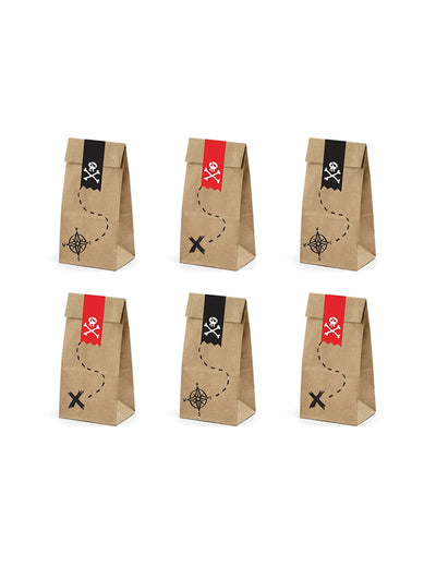 Sacs cadeaux pirate pour enfant en papier kraft marron avec motifs rouges et noirs