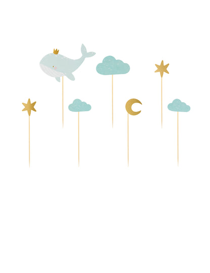 7 nebesky modrých vrchlíků na velrybí dort 11 x 14 cm zlatý mrak