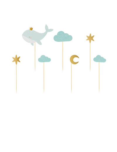 Cake toppers baleine bleu ciel et doré avec nuage