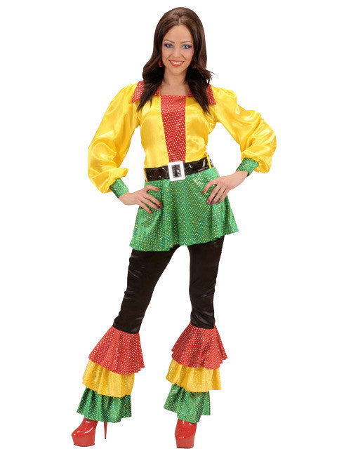 70. léta Disco saténové šaty s flitry žluto-červeno-zelené 