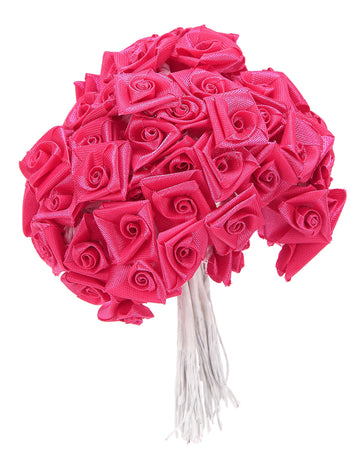 48 mini růží ze saténu fuchsiové barvy 1 x 8 cm na stonku na svatbu 