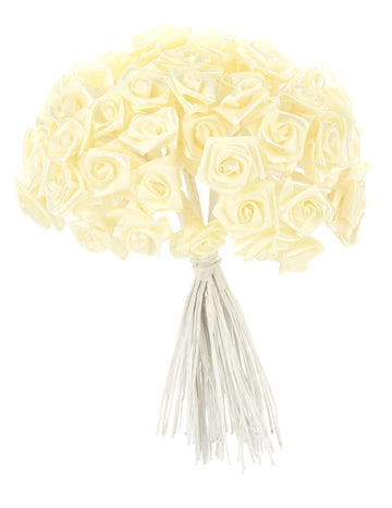 48 mini růží ze saténu v barvě slonové kosti 1 x 8 cm na svatbu 