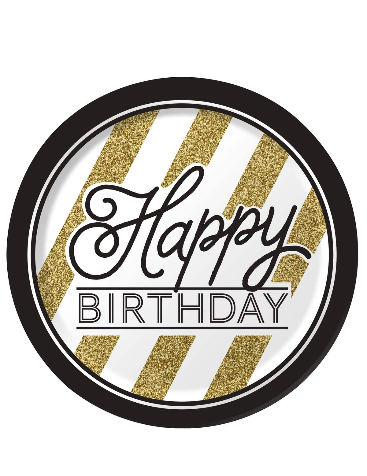 Papírové talíře Happy Birthday černá a zlatá s lesklými zlatými pruhy