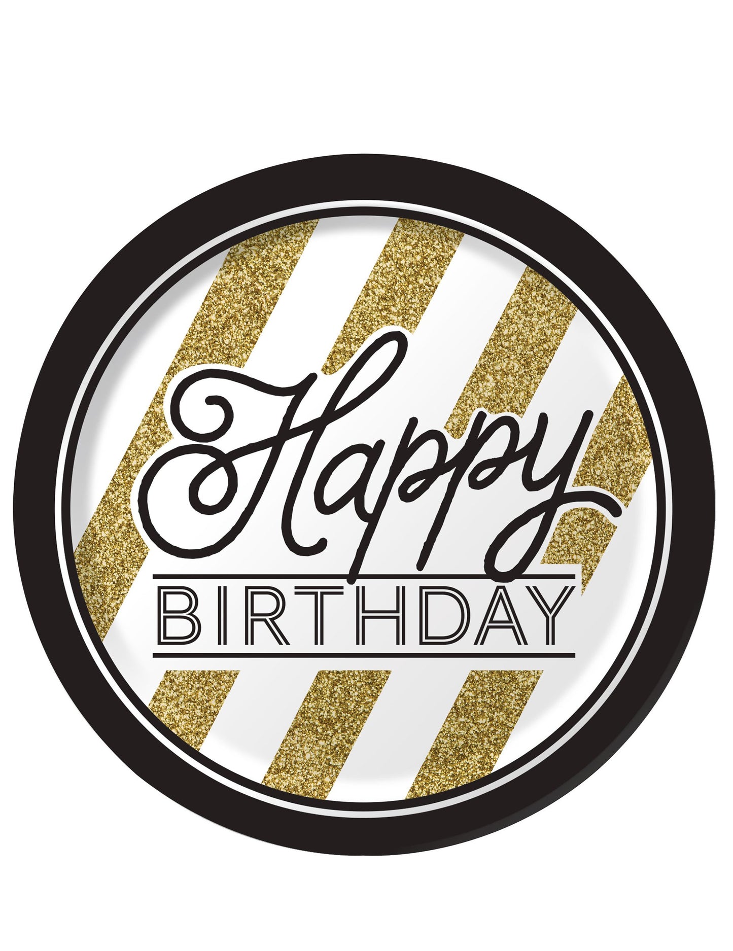 Assiettes en carton Happy Birthday pour anniversaire noir et or à rayures pailletées