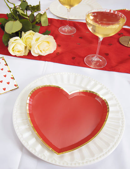 8 Červené a zlaté papírové talíře srdce 19 cm