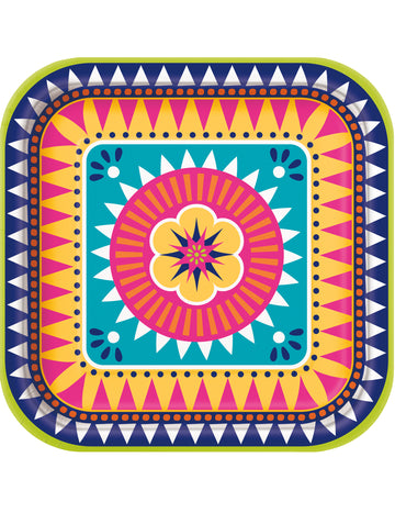 8 čtvercových boho fiesta papírových talířů 23 cm květinový vzor