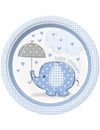 Assiettes en carton éléphant pour baby shower garçon bleu avec motif parapluie