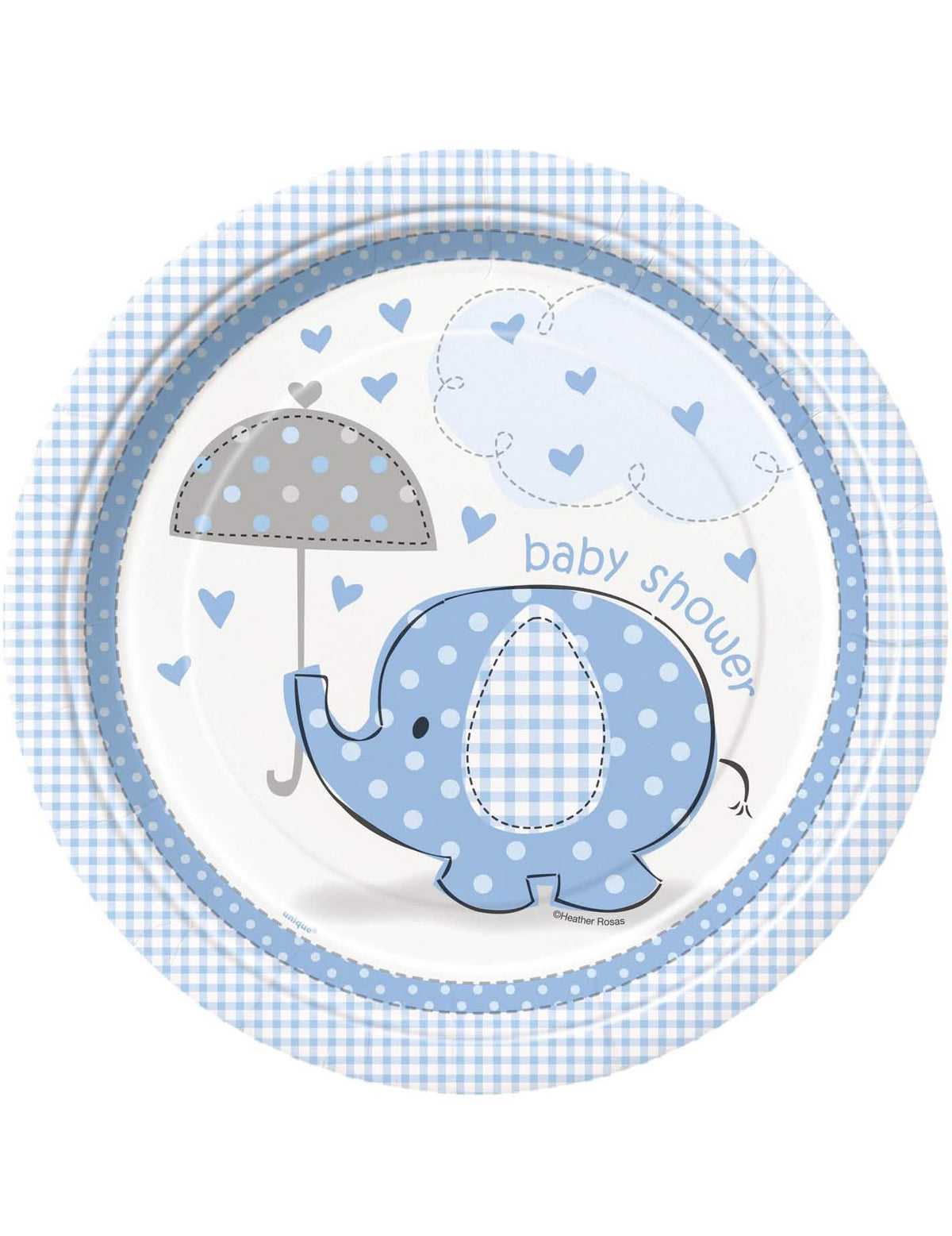 papírové talíře s motivem slona na baby shower pro chlapce modrá s motivem deštníku