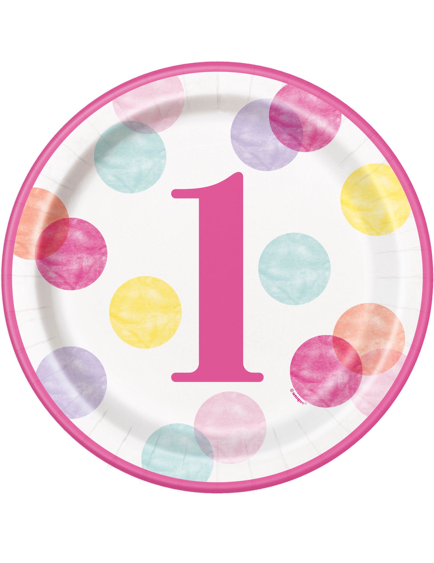 8 růžových a bílých papírových talířů k prvním narozeninám 23 cm puntíkovaný