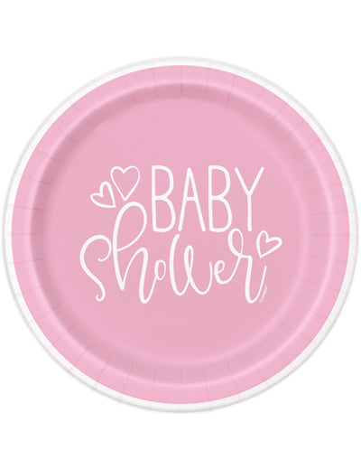 Assiettes en carton baby shower pour fille roses et blanches avec cœurs