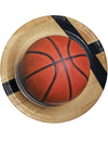 Assiettes en carton ballon de basket pour fête thème sport orange avec aspect parquet bois