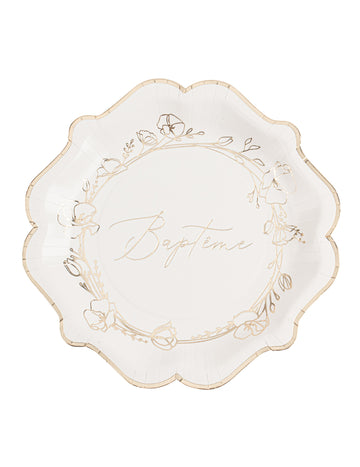 8 křestních papírových talířů 23 cm zlaté květy