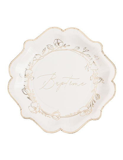 8 křestních papírových talířů 23 cm zlaté květy