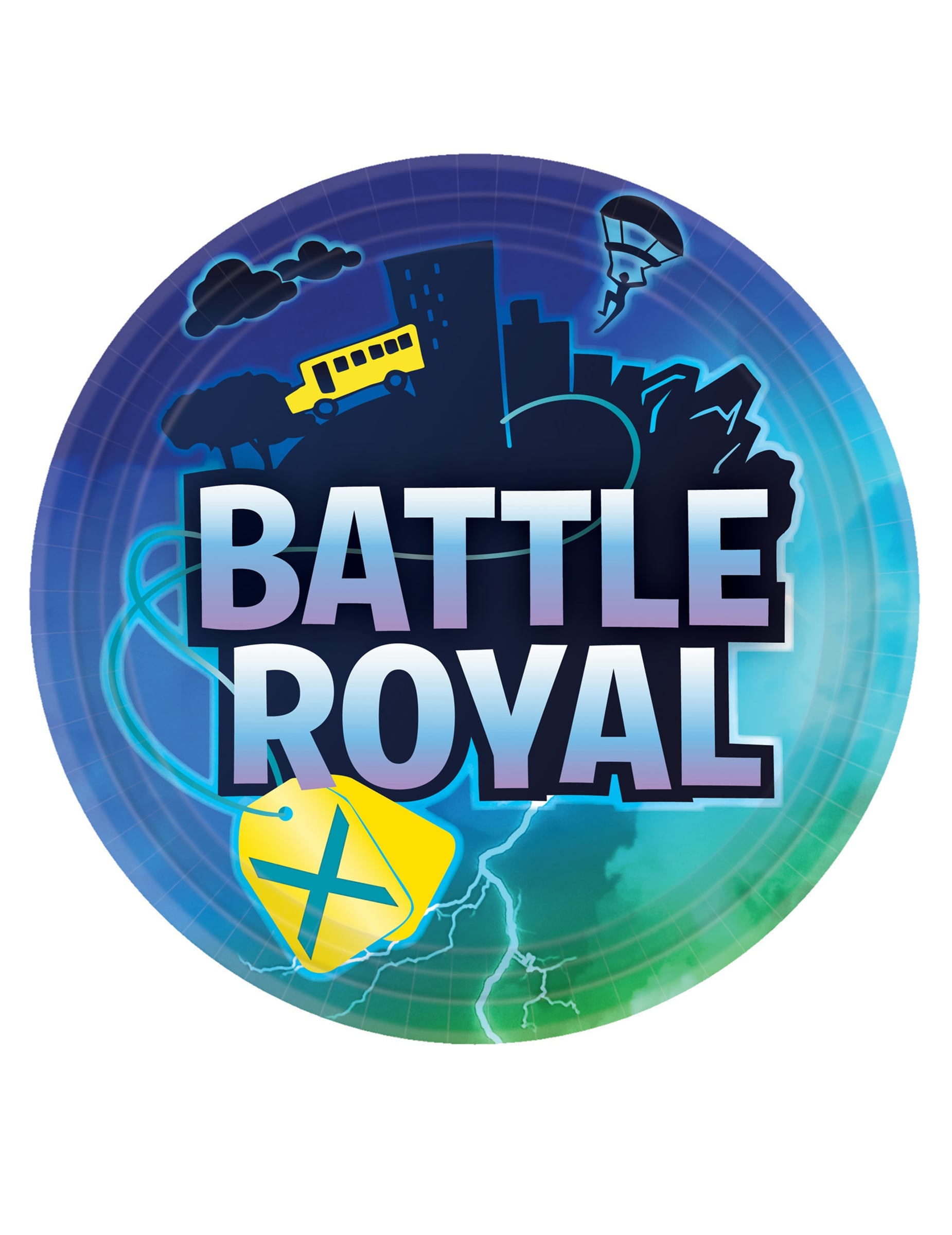 Assiettes en carton Battle Royale pour anniversaire bleu et vert avec décor urbain et bus jaune
