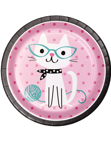 Assiettes en carton chat pour anniversaire rose à pois avec motif chat à lunettes