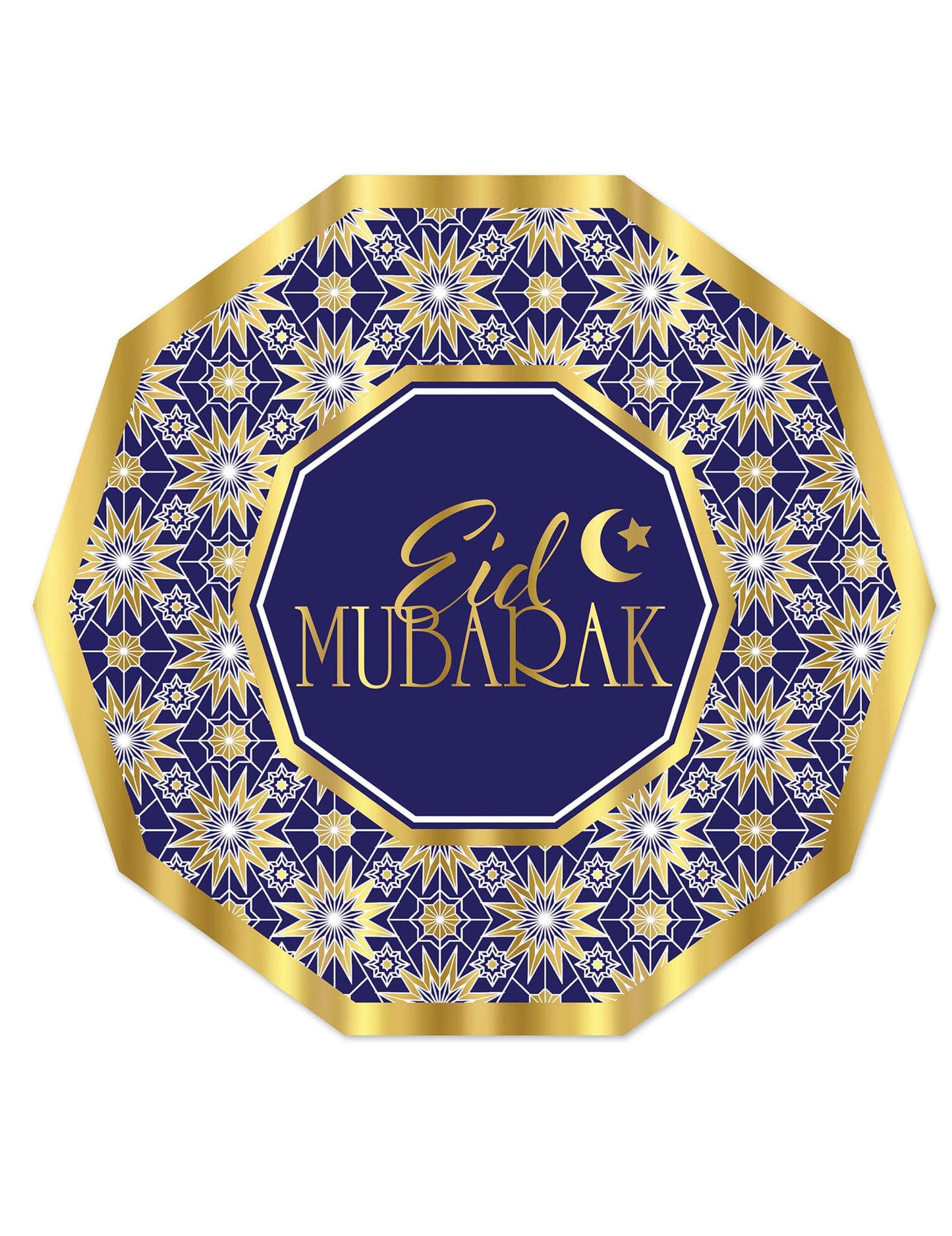 Assiettes en carton Aïd Mubarak pour fête bleues et or octogonales