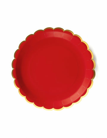 8 červených a zlatých vroubkovaných papírových talířů 23 cm na vánoce