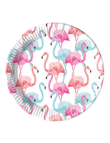 8 barevných papírových talířů s plameňáky 23 cm kompostovatelné