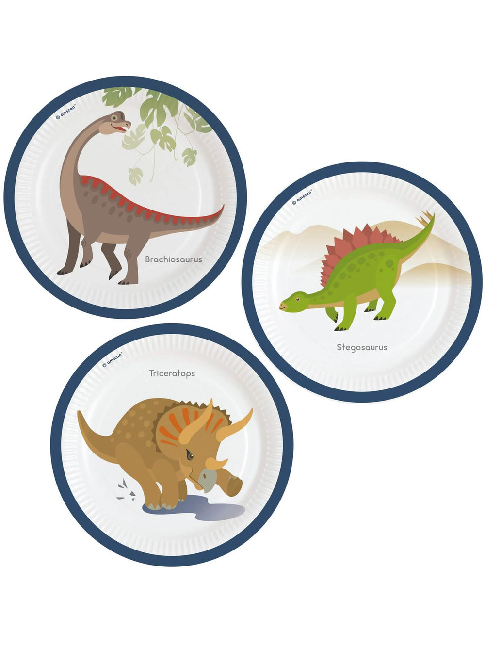 Papírové talíře s velkými dinosaury na narozeniny bílá a modrá s tricératopsem, stegosaurem a brachiosaurem