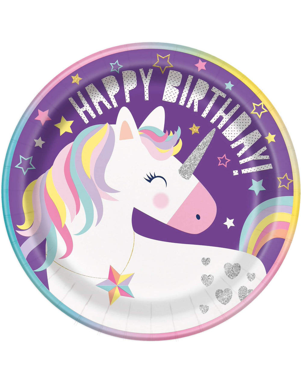 Papírové talíře Happy Birthday jednorožci party pro narozeniny pro dívky fialové s třpytivými detaily