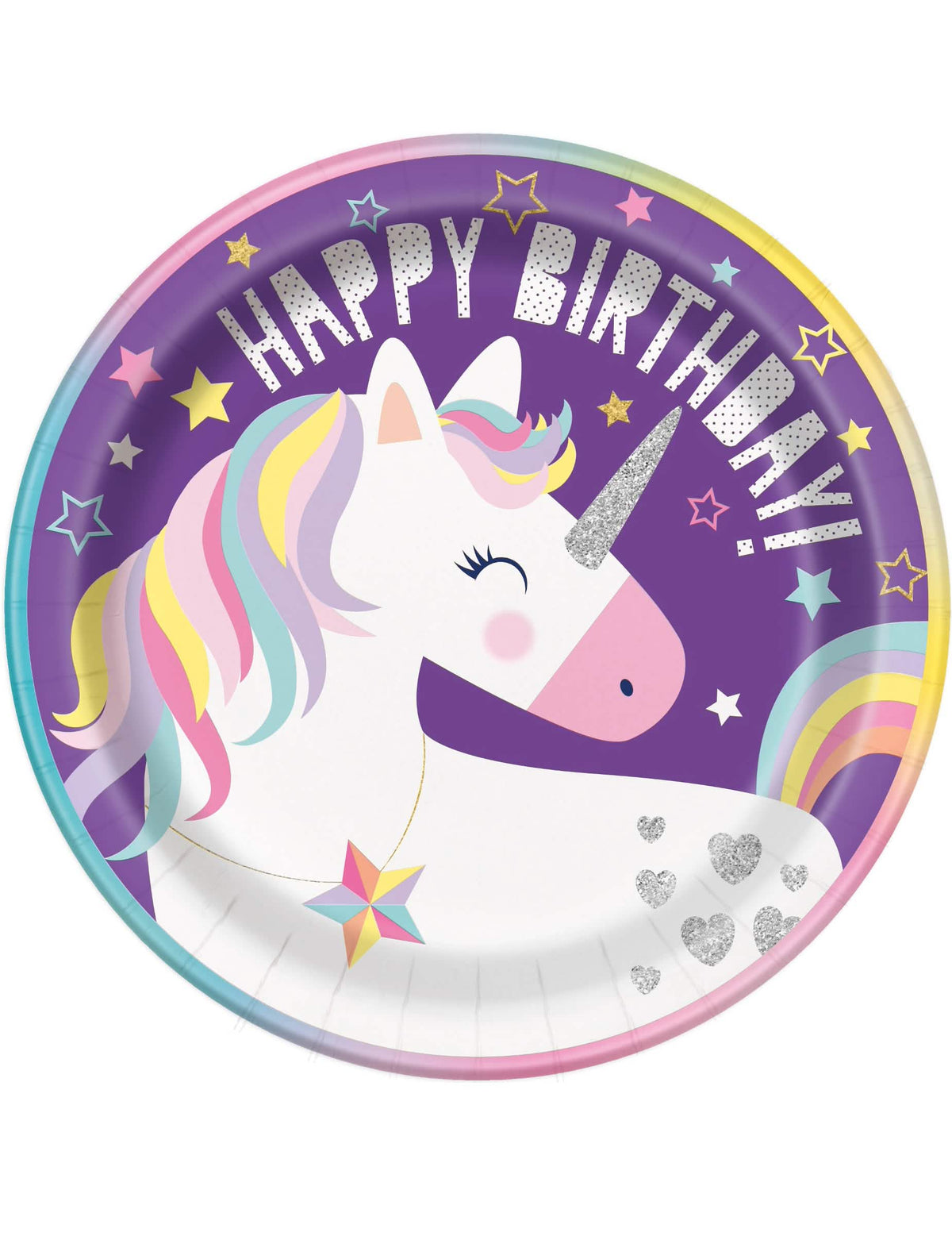 Papírové talíře Happy Birthday jednorožci party pro narozeniny pro dívky fialové s třpytivými detaily