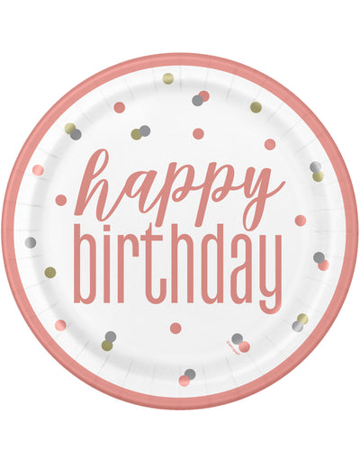 Assiettes en carton Happy Birthday pour fête blanches et roses à pois