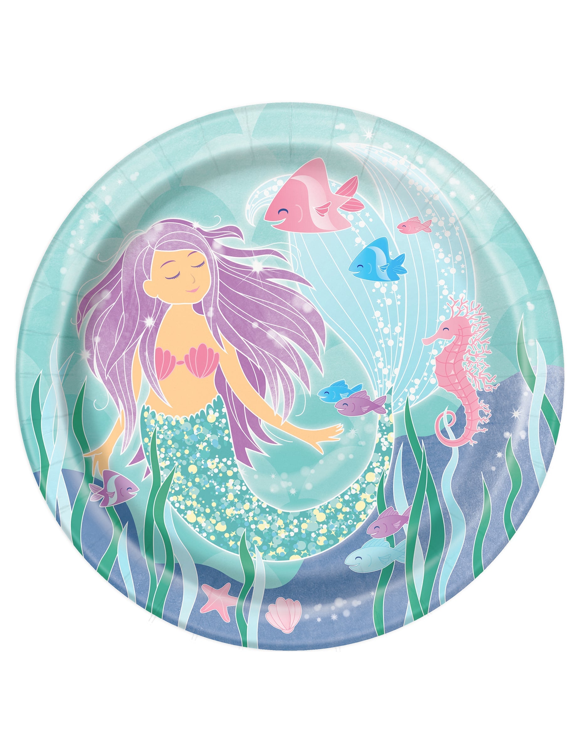 Assiettes en carton jolie sirène pour anniversaire bleu et turquoise avec poissons et hippocampe