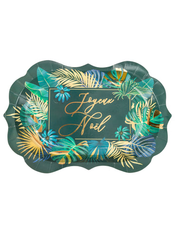 8 Merry Christmas jungle papírové talíře zelené a zlaté 31,5 x 19,5 cm dlabané hrany