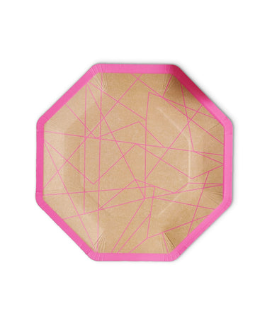 8 neonově růžových geometrických kraftových papírových talířů 25 cm osmihranný
