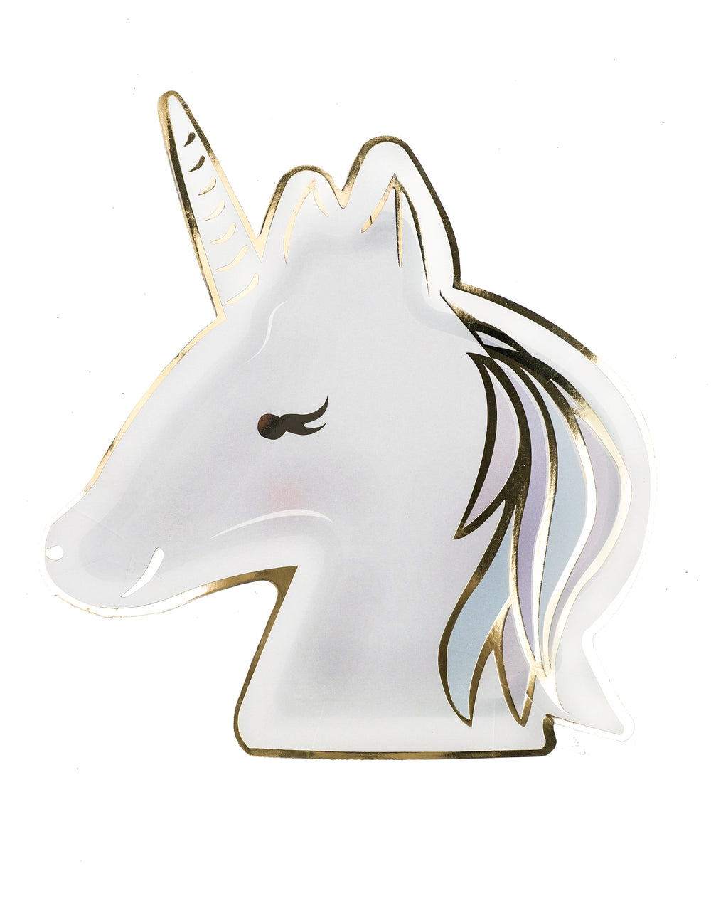 Assiettes en carton licorne pastel et or en forme de tête