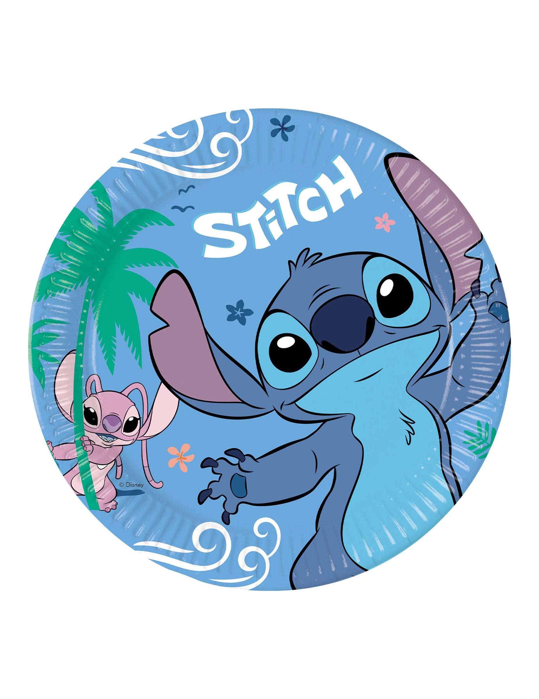 Assiettes en carton Stitch pour enfant bleues avec Angel et décor tropical