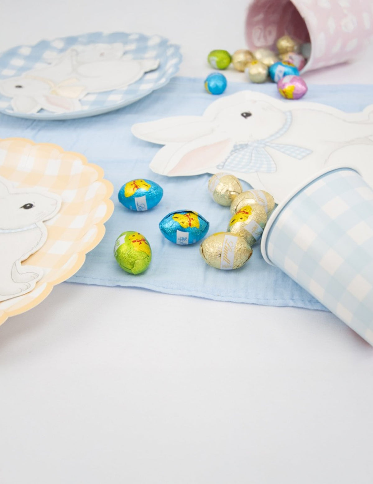 Mise en scène sur une table des assiettes festonnées Vichy Pastel pour fête