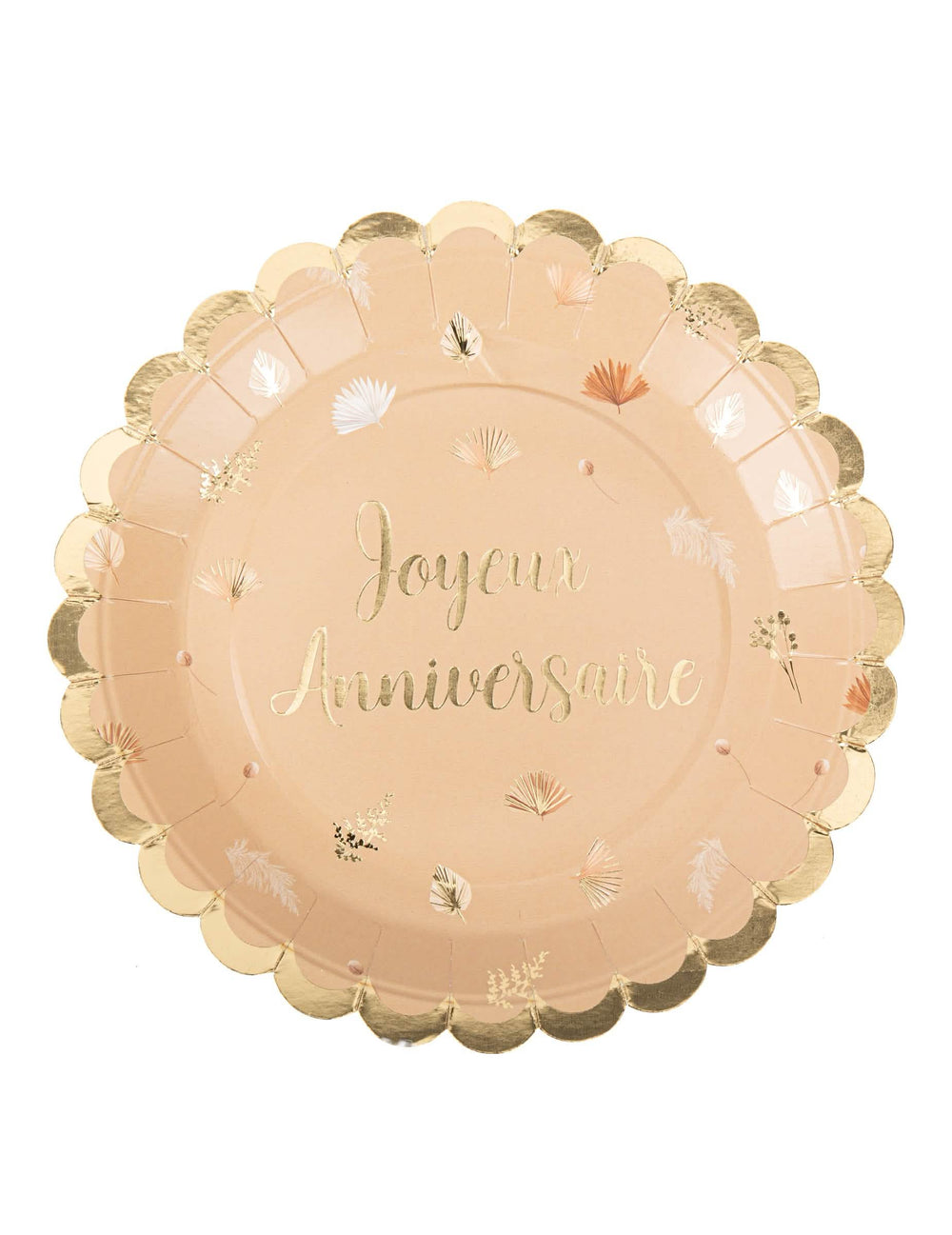 Assiettes Joyeux Anniversaire Boho pour fête blush et or festonnées