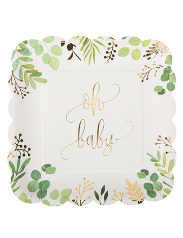 8 papírových talířů oh baby eukalyptové zlacení 23 cm vroubkované čtverce