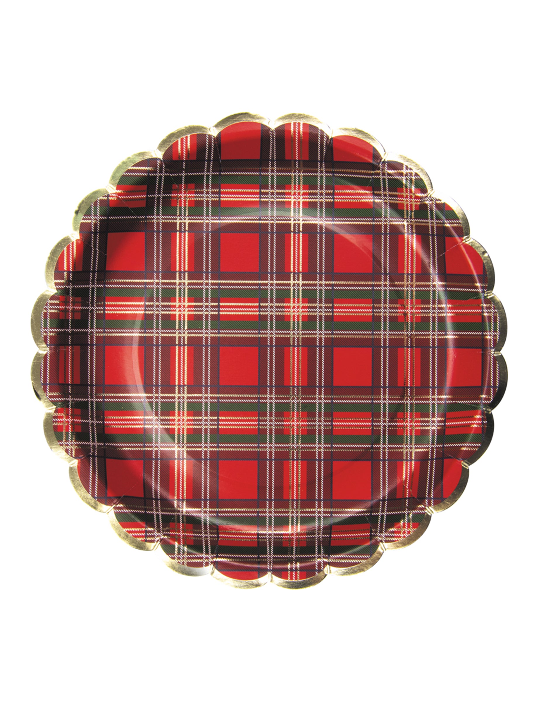 Assiettes festonnées en carton tartan de Noël pour table rouge et bordure dorée